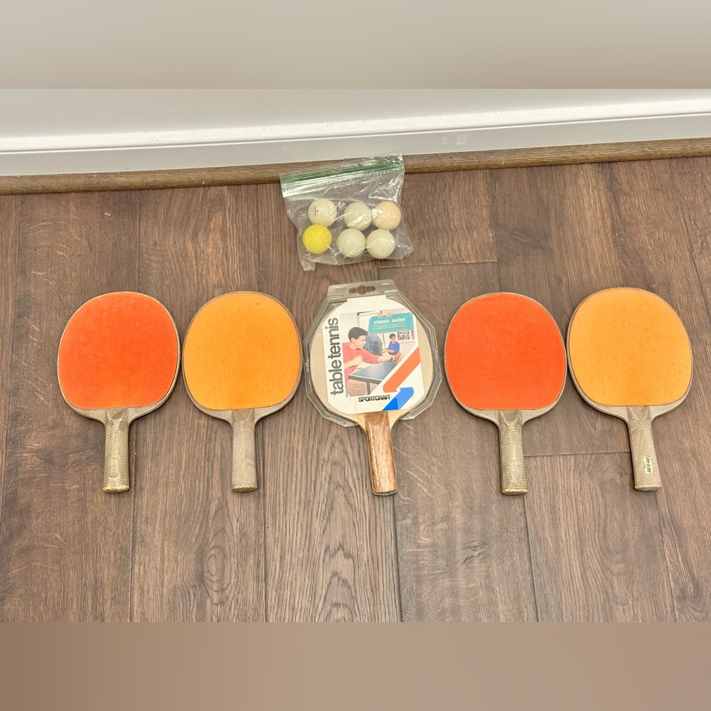 Vintage Sportcraft Table Tennis 1 Wood Paddle Plus 4 Paddles & 6 Balls Bundle